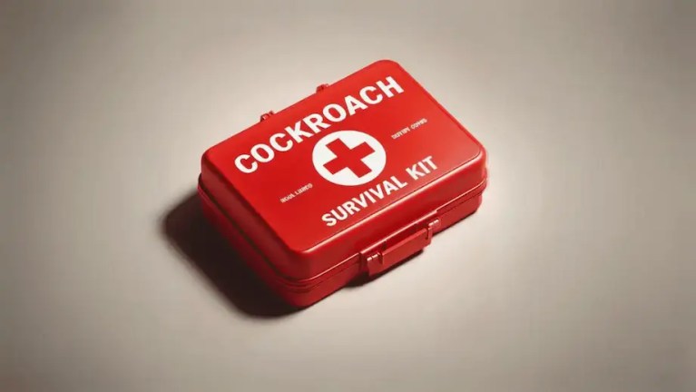 A red survival kit labeled "Cockroach Survival Kit"