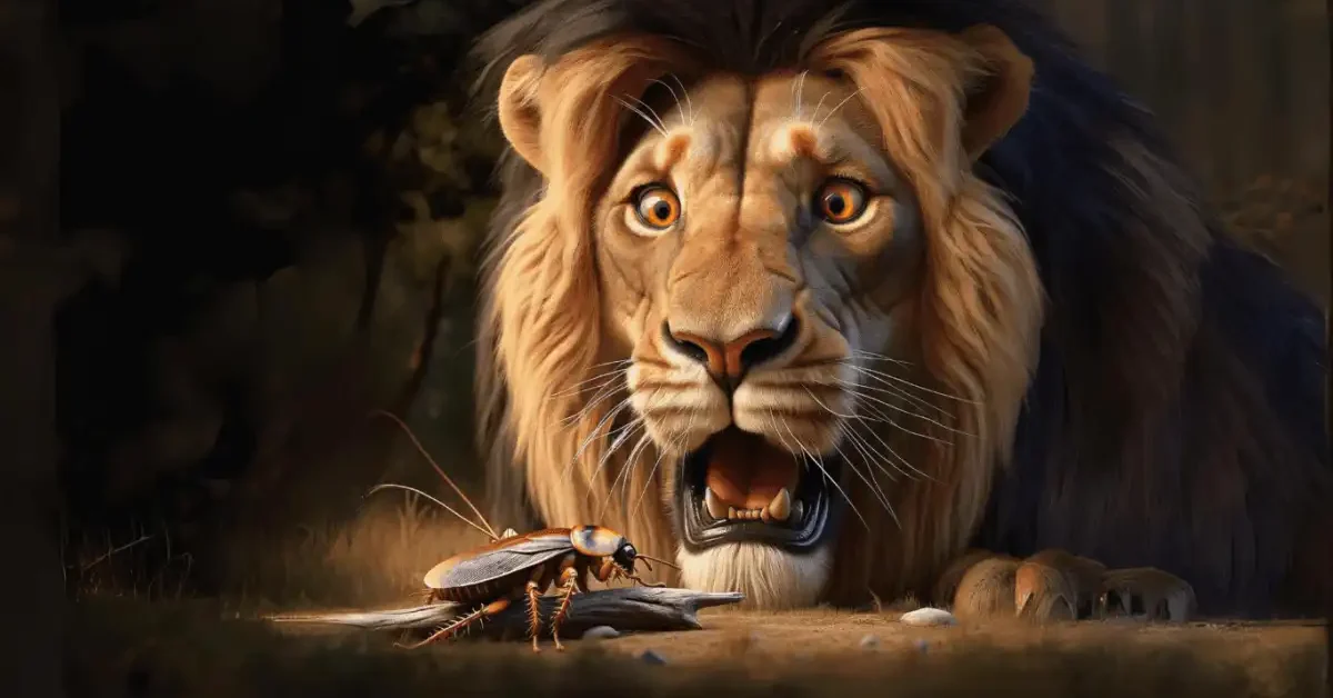 A lion looking at cockroach and shocked by the cockroach's resistance and strength